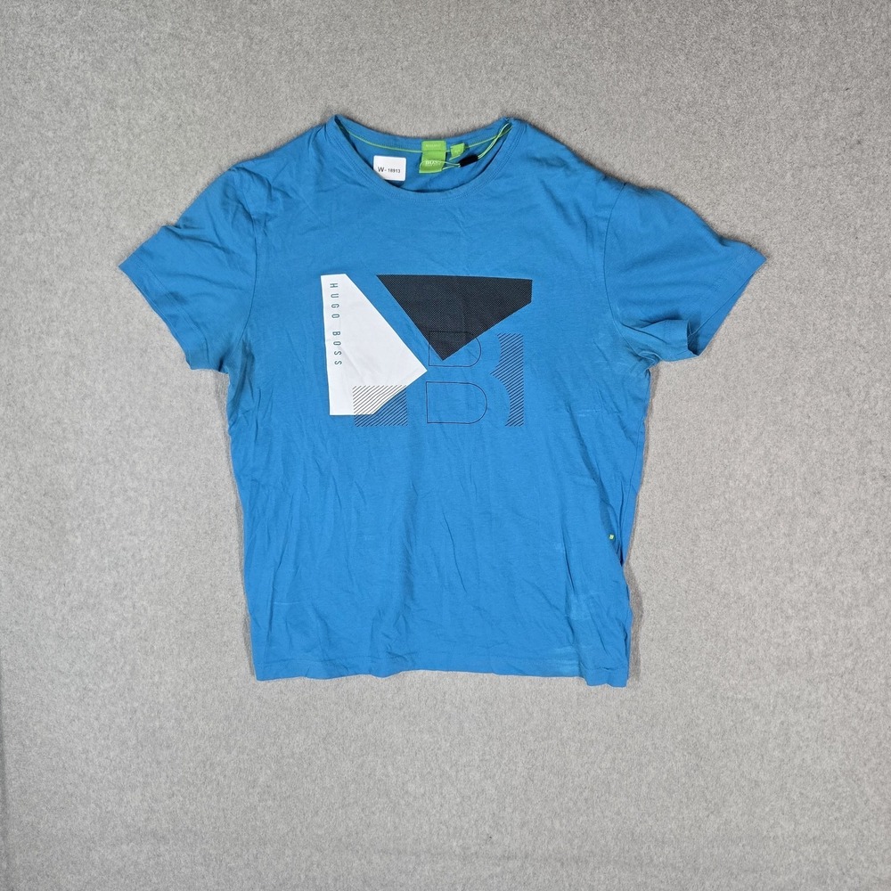 Hugo Boss Men Shirt L Blue Graphic Geometric Design Logo Short Sleeve